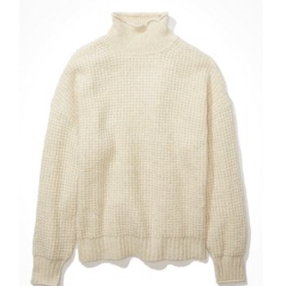 American Eagle Oversized Balloon-Sleeve Mockneck Sweater S Cream